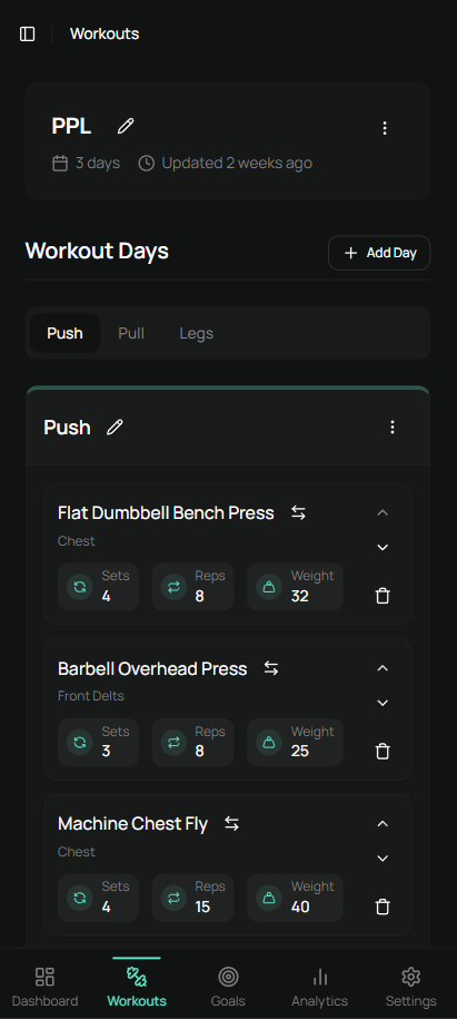 Workout builder showing a Push/Pull/Legs program with exercise details