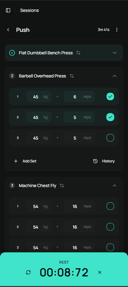 Active workout session with set logging and rest timer