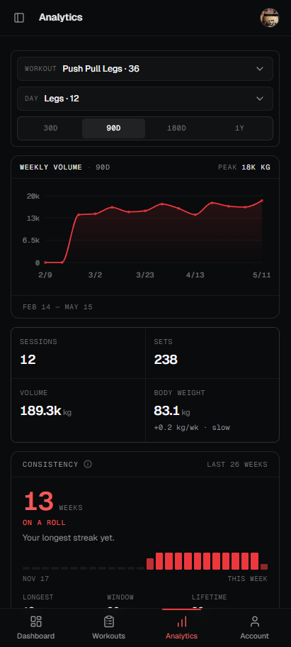 Analytics overview: weekly volume, sessions and sets totals, and a consistency streak