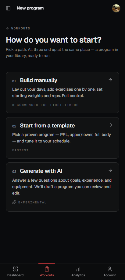 Choose to build manually, from a template, or with AI